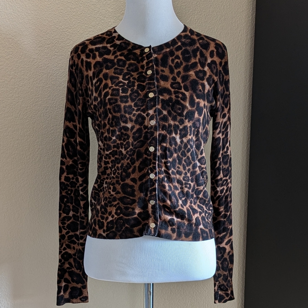 White House Black Market Leopard Print Button Front Cardigan XS
